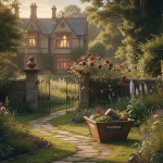 A scenic view of a lush garden, titled "The Garden of Britain" by James Clark, showcasing vibrant flowers and greenery