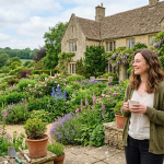 Woman enjoying tea in a lush English country garden, with stone house, vibrant flowers, and picturesque countryside views
