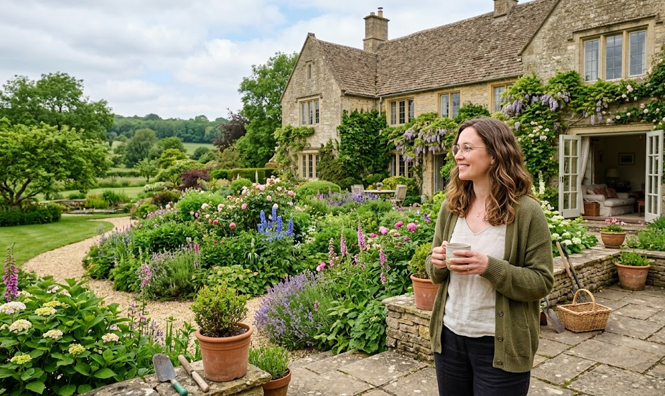 Woman enjoying tea in a lush English country garden, with stone house, vibrant flowers, and picturesque countryside views