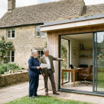 Two people discussing home extension plans outside a modern garden office with a traditional stone cottage in view