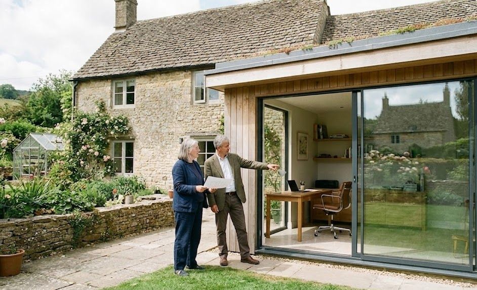 Two people discussing home extension plans outside a modern garden office with a traditional stone cottage in view
